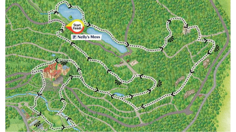 A detail of Cragside's map show the Views of Cragside walk by black dots and arrows.